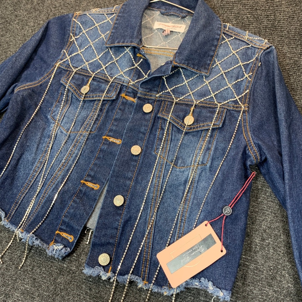 Denim Blvd Rhinestone Fringe Jacket S Cropped Western Raw Hem Rockabilly NWT